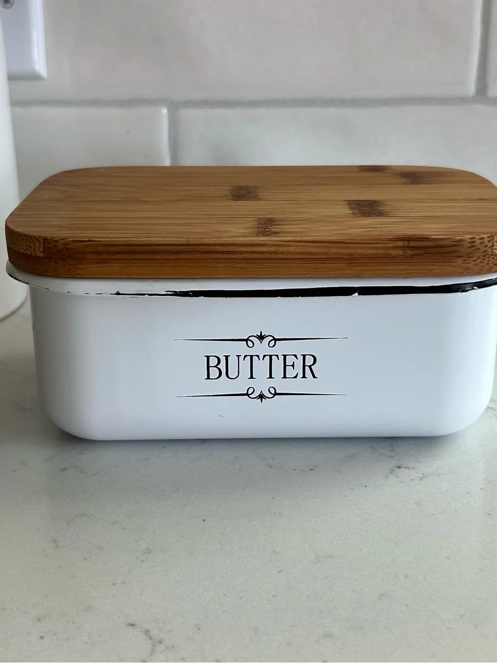Enamel Butter Dish with Wooden Lid Farmhouse Style